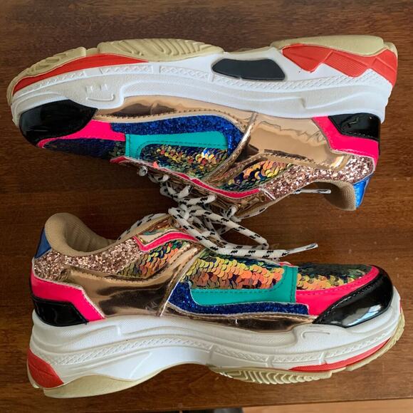 Fashion Nova Multicolor Sequined Glitter Patent Leather Sneakers Size 5 - Picture 11 of 13